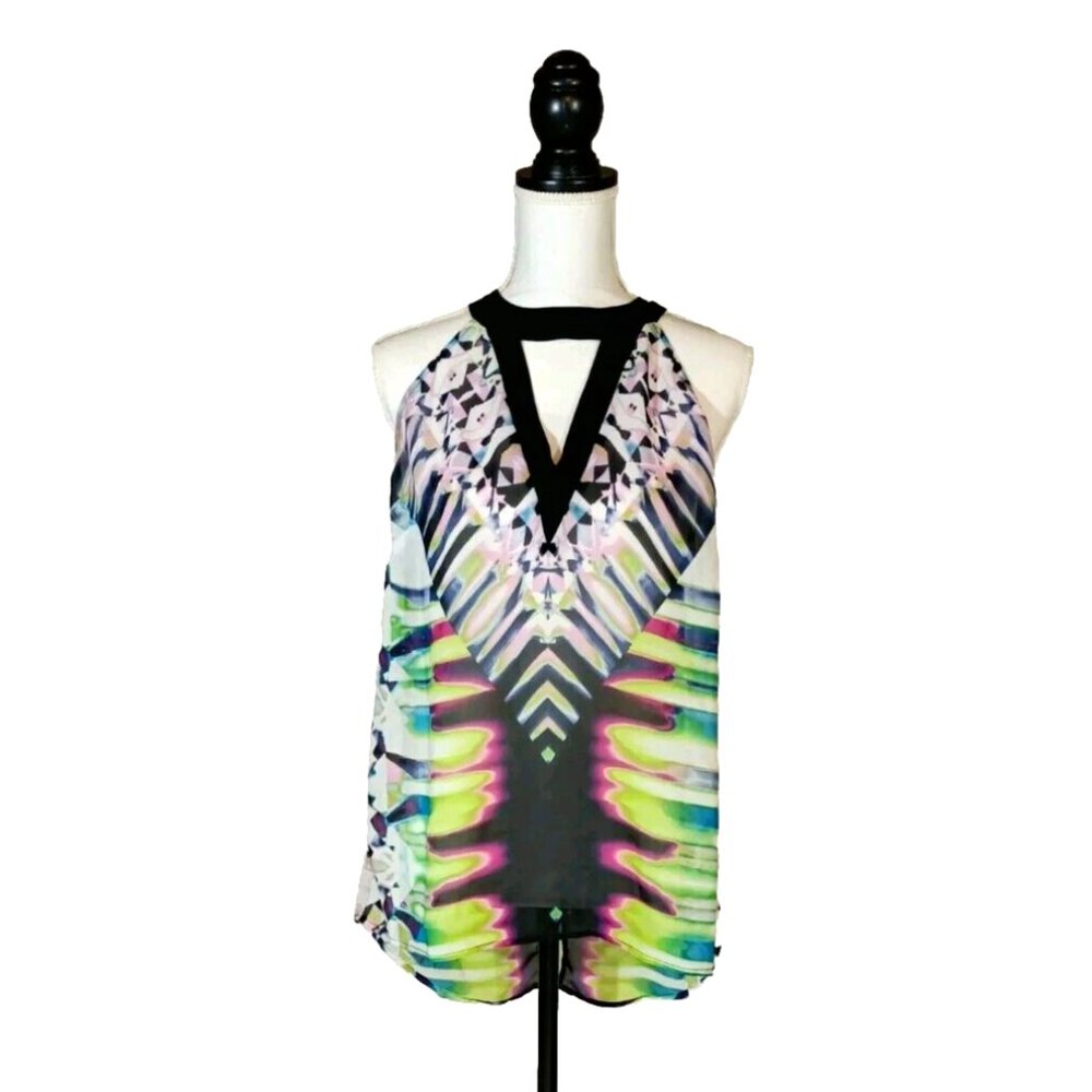 Bisou Bisou Top M Womens Geometric Sleeveless Keyhole Sheer Halter Tunic Blouse